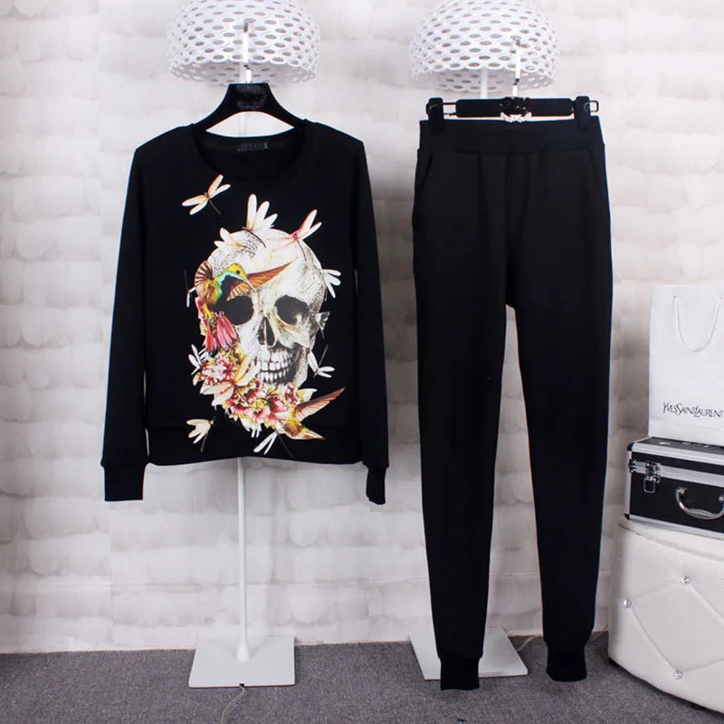 

Harajuku Tracksuits Sportswear Women 2019 Spring Fashion Long Sleeve Dragonfly Skull Printed sweatshirt and Pant Set Two Piece