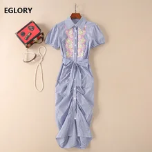 High Quality Women Summer Dress 2018 Ladies Turn-down Collar Floral Embroidery Striped Print Bow Belt Pleated Long Shirt Dress