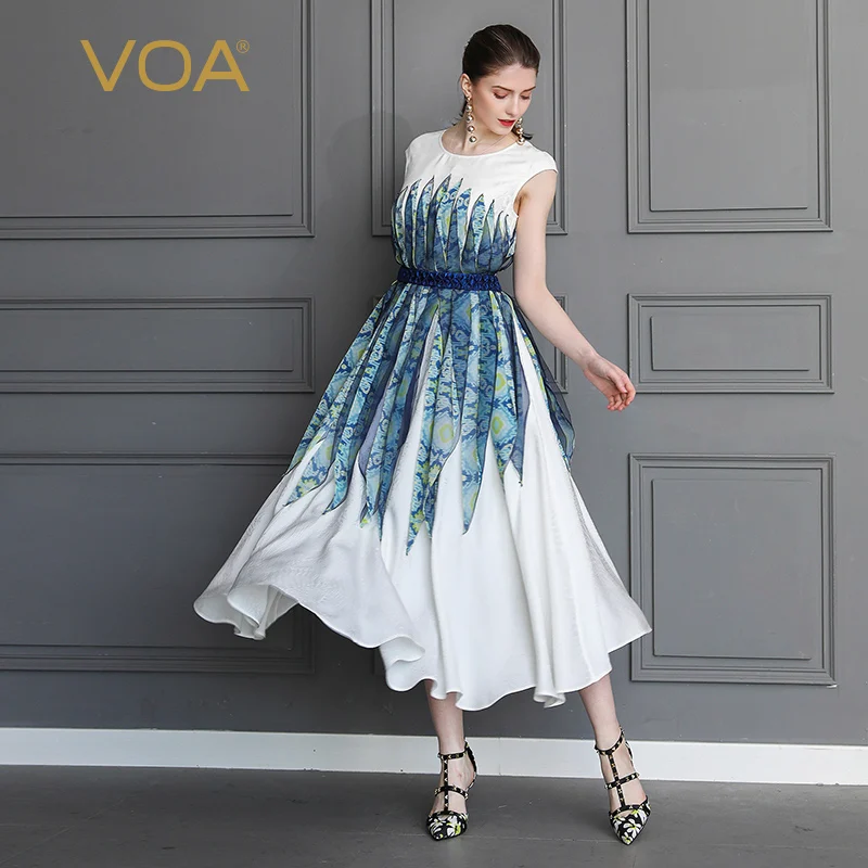 

VOA Heavy Silk Jacquard Party Dresses Women Long Swing Dress Plus Size 5XL White High Waist Tunic Print Boho Tassels Summer A575