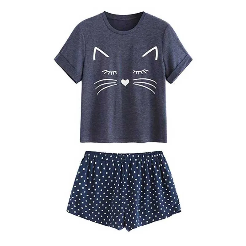 

Nightwear Set women Women's Casual Cat Short Sleeve Shorts Ruffled Sleepwear 2019 Nightwear Set woman clothes sexy pajamas