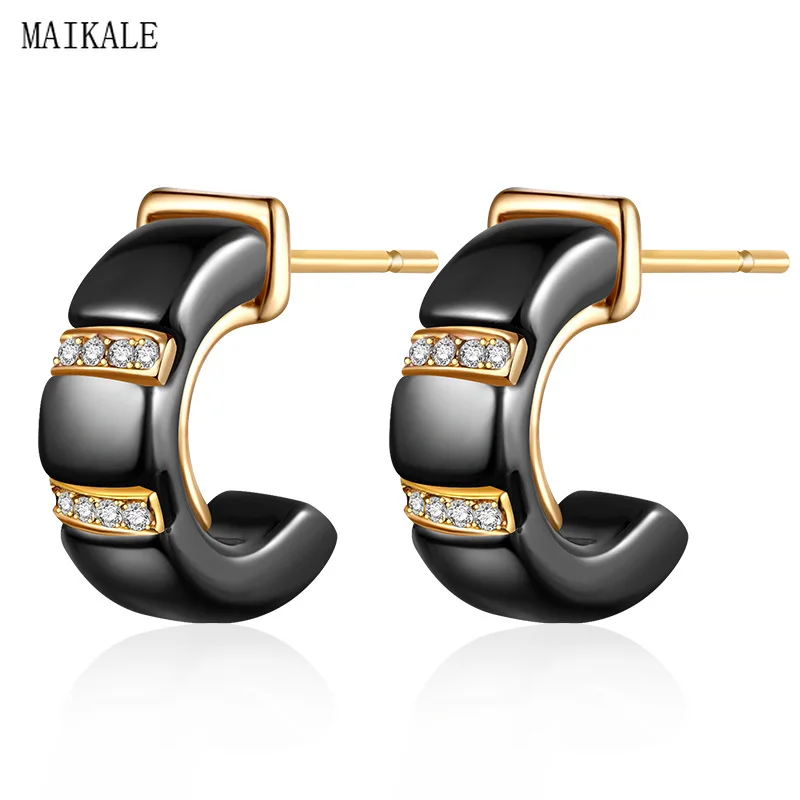 

MAIKALE Charm Black White Ceramic Stud Earrings for Women Gold Silver Cubic Zirconia Earings Zircon Small Korean Fashion Jewelry