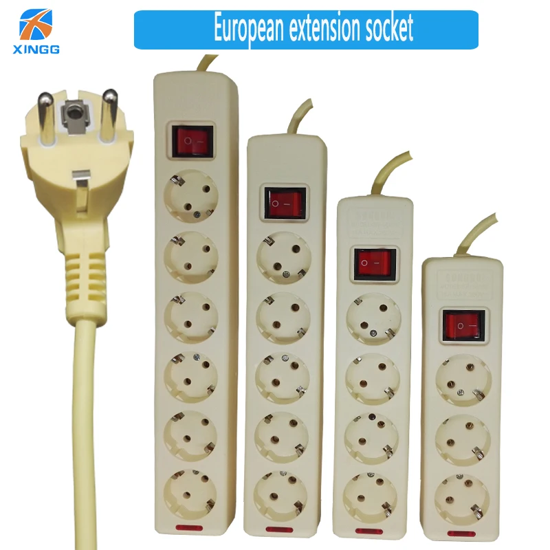 

250V 16A EU Power Strip Multiple 2 3 4 5 6 Hole Way AC Outlets Plug Extension Socket 4.8mm 2 Pin With Extension Cord