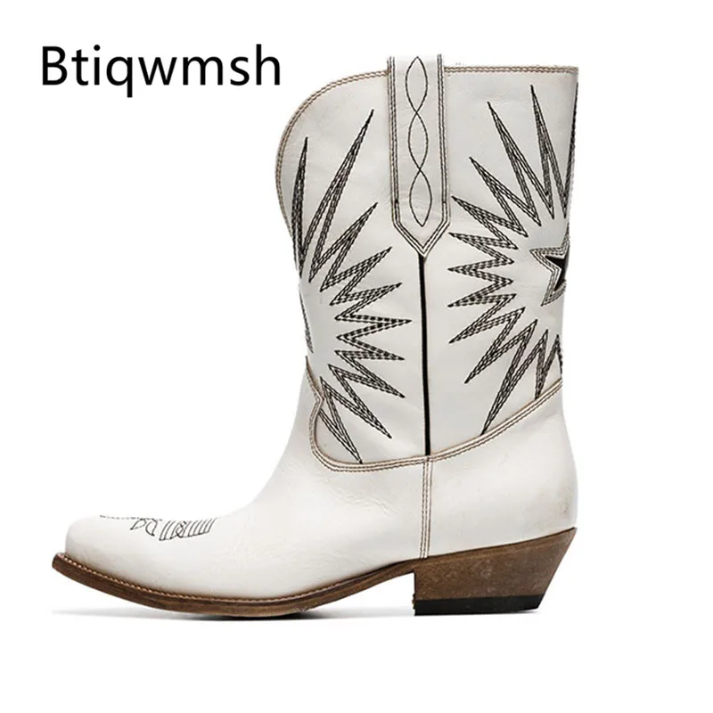 

2019 Retro White Leather Ankle Boots Women Pointed Toe Embroidery Flower Middle Boots Woman Western Cowboy Boots