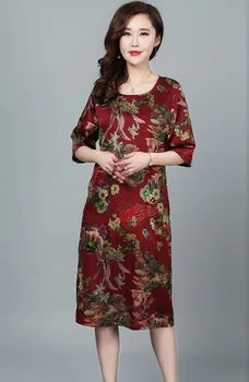 

2020 golden silk printed medium sleeve middle length imitation large size fashion leisure middle aged dress summer