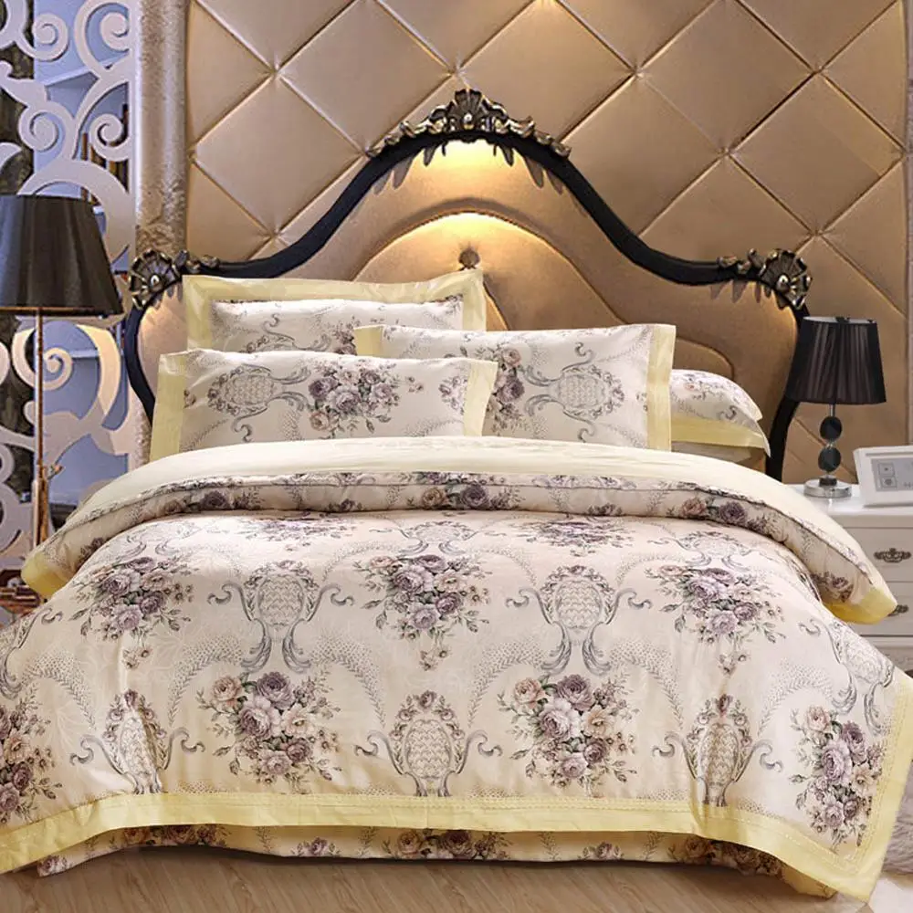 

2019 Light Golden European Flowers Jacquard Silk Cotton Bedlinens Queen King Size Duvet Cover Set Bedsheet Pillowcases