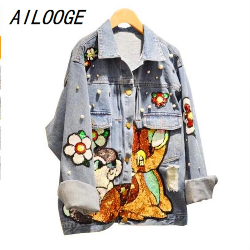 

AILOOGE 2018 Pearl Beading Cartoon Sequins Embroidery Jacket Coat Women Flower Women Dnim Jacket Coat Tops For Women Outerwear
