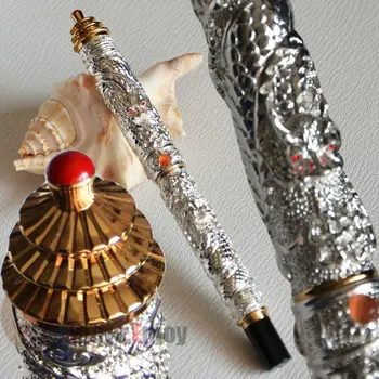 

JINHAO SILVER TWO DRAGON PLAY PEARL 18KGP FINE NIB FOUNTAIN PEN PAGODA
