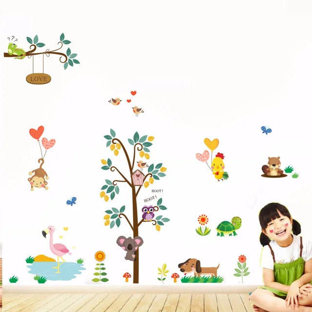 new arrial love tree wall stickers cartoon owl monkey flamingo