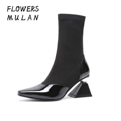 

2018 New Designers Women Ankle Boots Chic Pointed Toe Patchwork Leather Stretch Fabric Upper Building Blocks Heel Chelsea boots