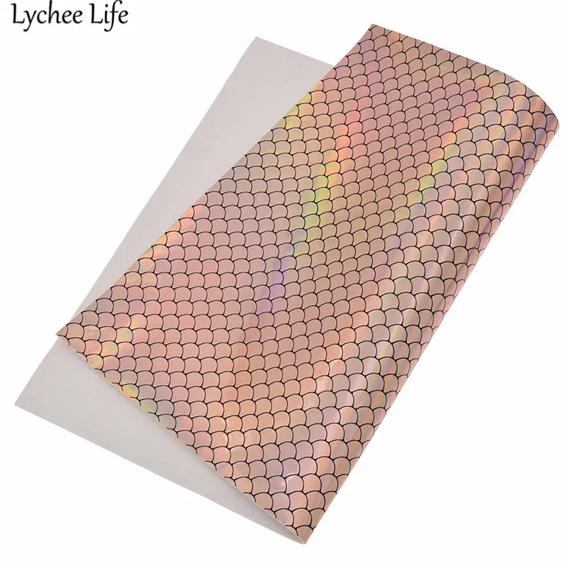 Lychee Life Лазерная рыбья чешуя искусственная кожа PU цветная ткань DIY Современная
