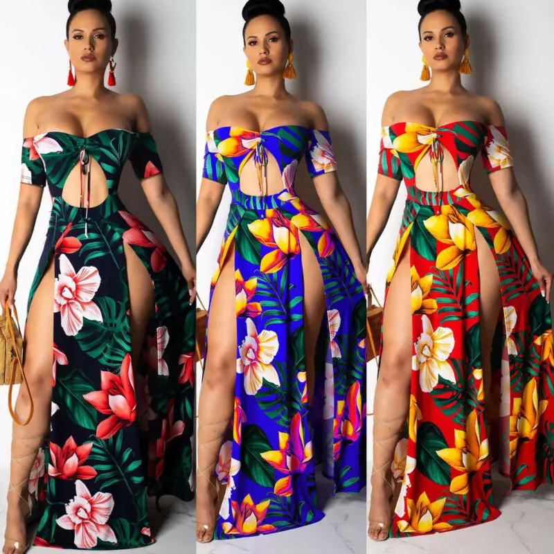 Fashion Women Summer Boho Floral Long Maxi Split Party Beach Dress Sundress