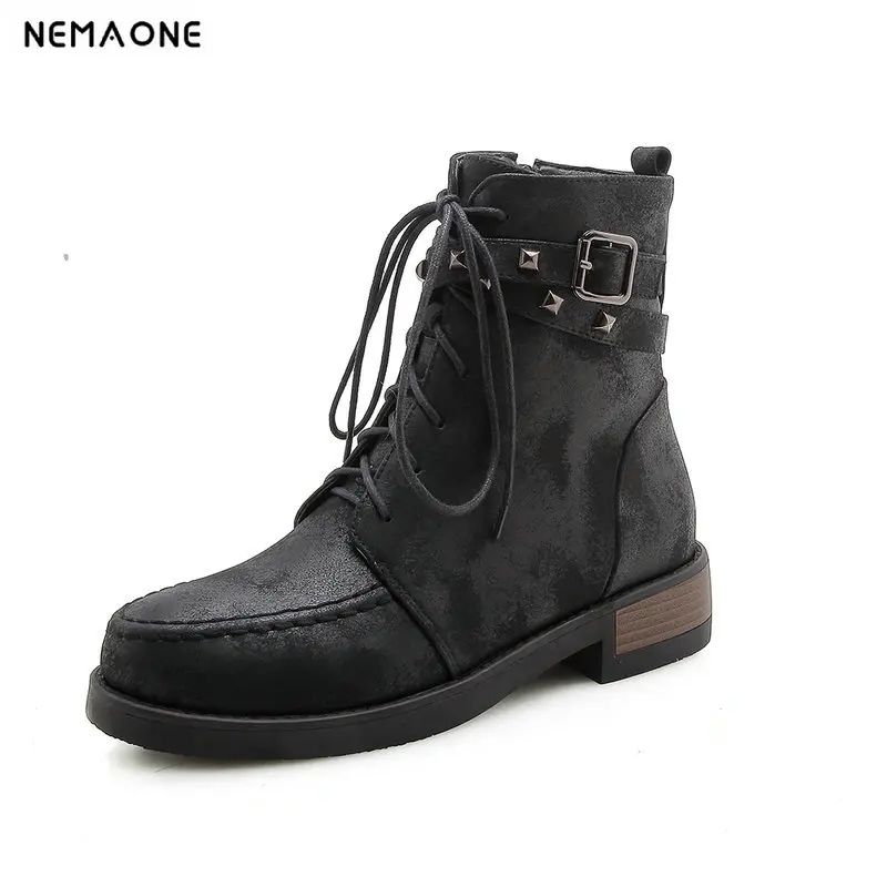 

NEMAONE Spring autumn shoes woman low heels lace up ankle boots ladies western boots black red yellow large size 42 43