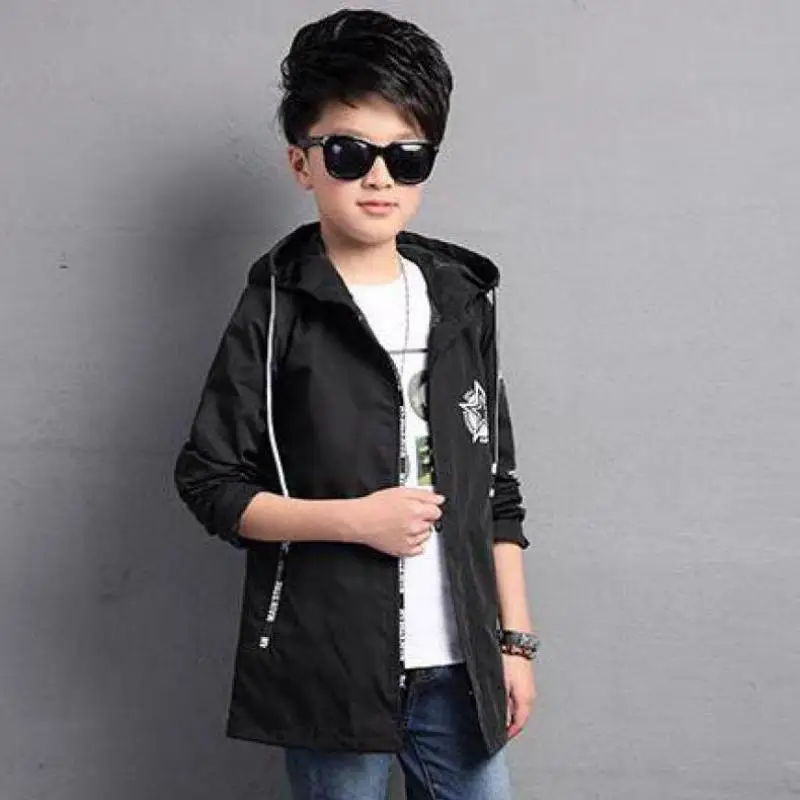 

YAUAMDB kids trench 2017 autumn spring 6-16Y boys hooded outerwear cotton children solid star print outerwear long clothing y37
