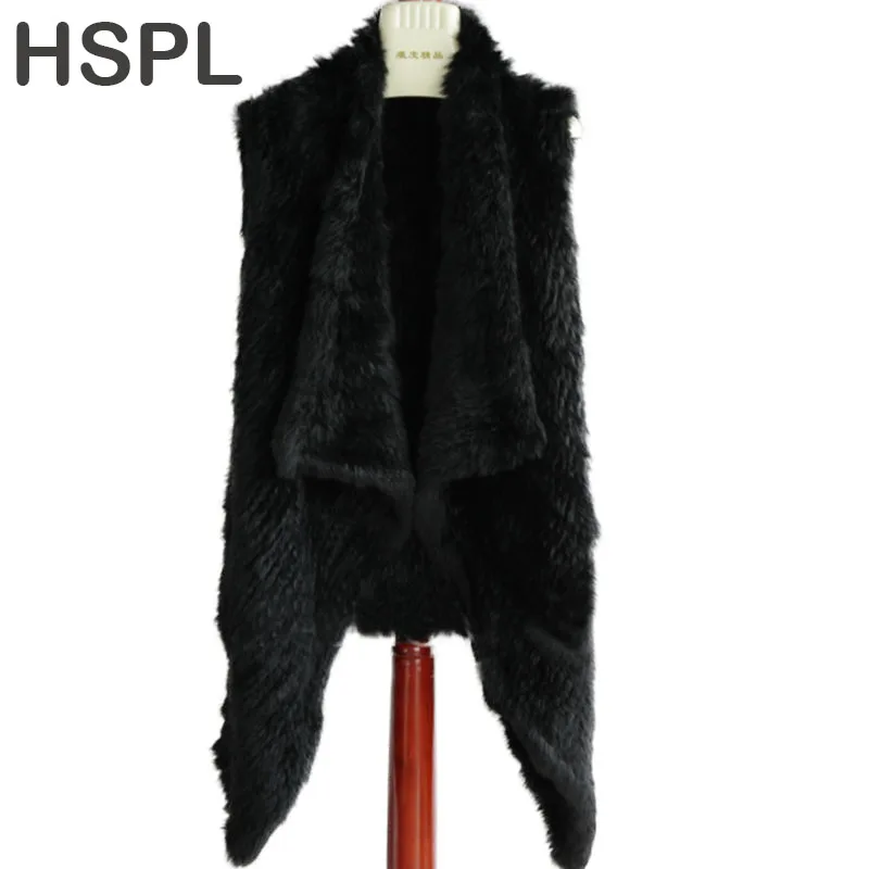 

HSPL Open Front irregular Genuine Rabbit fur knitted vest Women fur waistcoat Rabbit Fur Shawl in winter