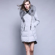 Women Fur Collar Down Coat Woman Medium-Long Thickening Slim Down Jacket 2016 Female Warm Parka Hood Overcoat Ladies Outwear