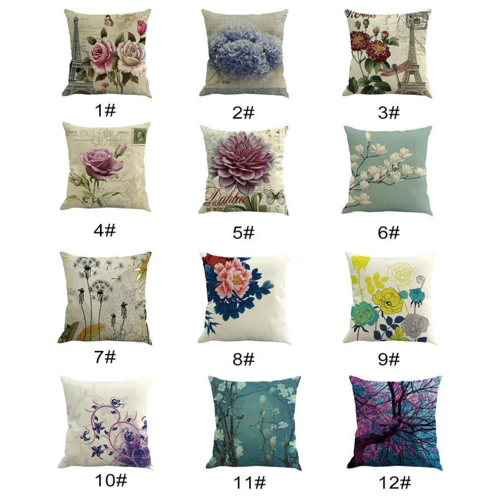 12 Styles Beautiful Flower Pillow Case Cushion Linen Cotton Pillow Case