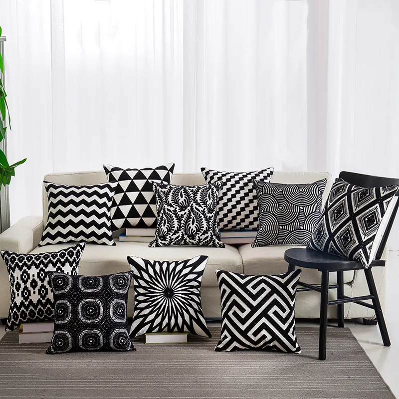 

Modern Black And White Pillow Case Simple Geometric Embroidery Pillow Cover Comfortable Hidden Zipper Cushion Cover Available