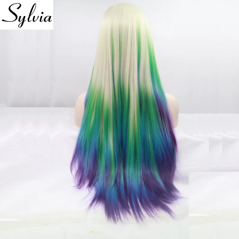 Sylvia блонд с зелеными/желтыми/синими/фиолетовыми наконечниками Омбре шелковистые прямые синтетические парики на шнурках спереди термостойкие волокна волос