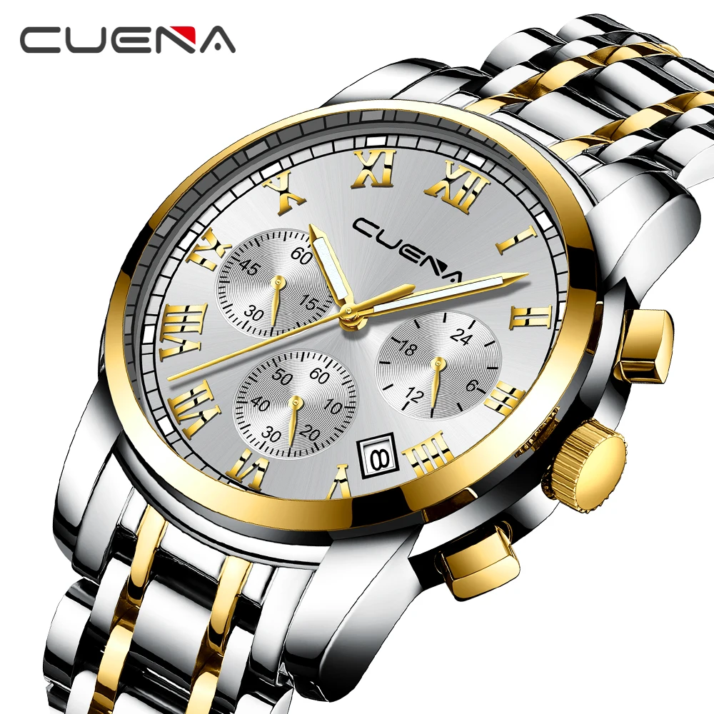 

CUENA Fashion Watches Men Full Steel Strap 3 Working Sub-dials 6 Hands Multifunction Clock Top Brand Luxury Quartz Wristwatch