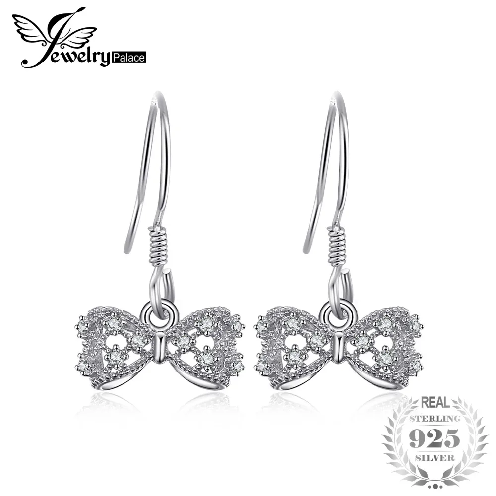 

JewelryPalace Bow Round Cubic Zirconia Dangle Earrings For Women 100% 925 Sterling Silver Party Accessories Wedding Earrings