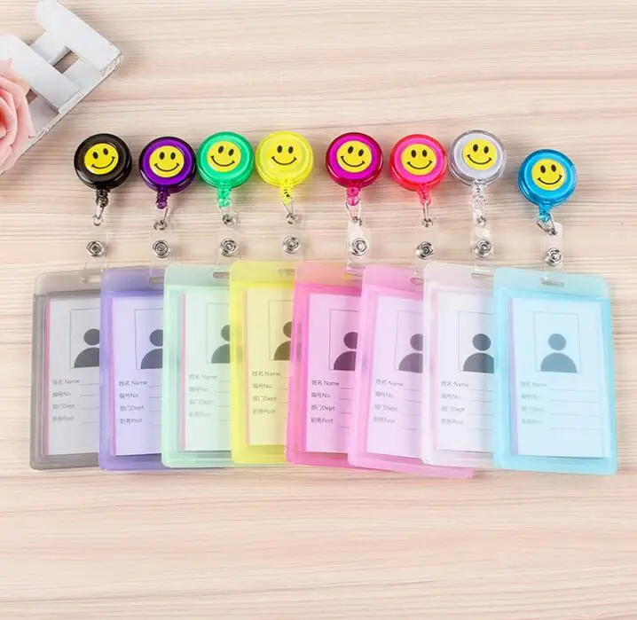 

Transparent Badge Holder with Retractable Emoji Badge Reel Vertical Card Case Name Tag Work ID Card Holder