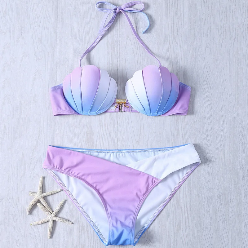 

Mermaid Shell Bra Design Two-Piece Suit Swimwear Gradient Color Beachwear Sexy Bikinis Set Swimsuit Biquini Maillot De Bain