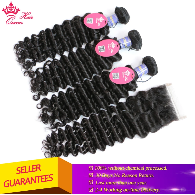 Queen Hair Products Malaysian Deep Wave Bundle With Lace Closure Virgin