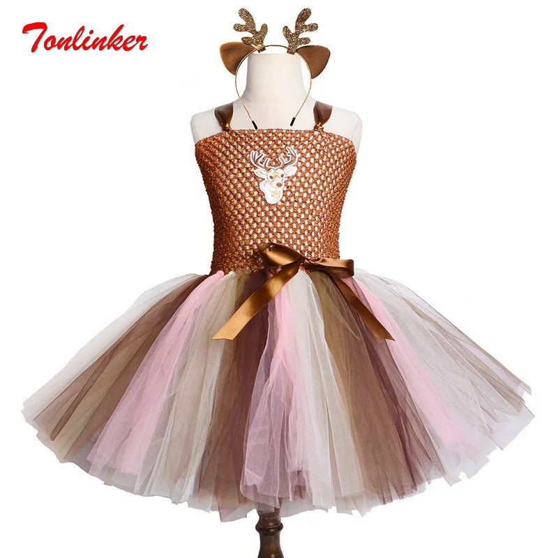 

Tonlinker Girls Christmas Elk Tulle Tutu With Headband Set Girls Cosplay Costume For Kids New Year Costumes Party Dress 2-12Y