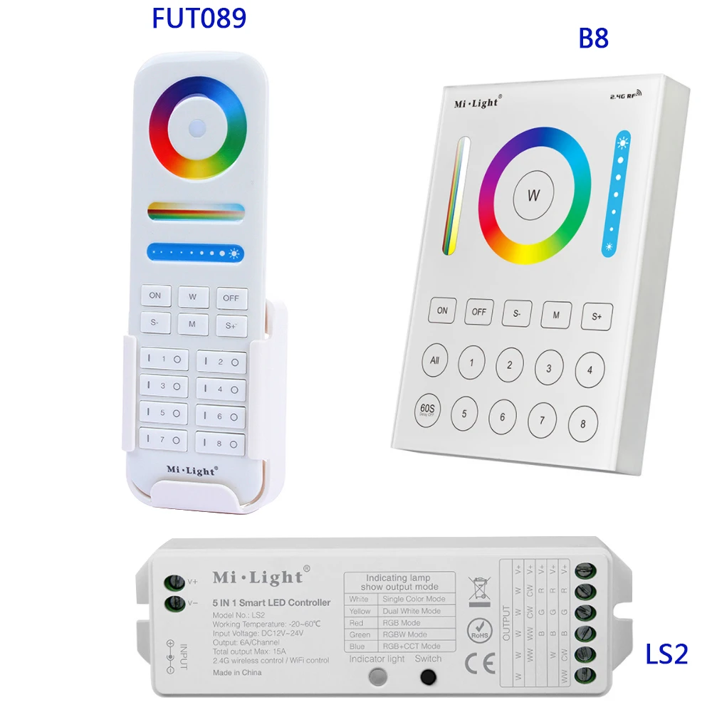 Miboxer 2,4G беспроводной 8 зоны FUT089 пульт дистанционного управления; B8 настенный сенсорный панель; LS2 5IN 1 Умный светодиодный контроллер для RGB+ CCT светодиодные ленты