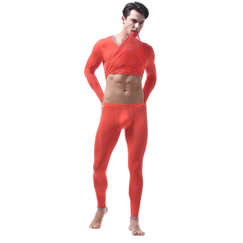 best long johns Ultra-thin Ice Silk Soft Fabric Men's Underwear Sets Translucent Breathable U Pouch Bag Design Sexy Long Johns(for A Suits) fleece long johns