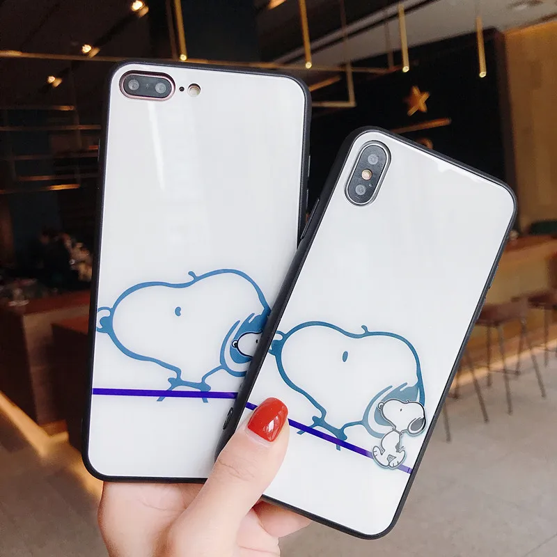 

New cute PEANUTS Charlie Brown hard glass phone case for iphone 6 plus 7 7plus 8 8plus X XR XS MAX glitter Pet dog cover coque