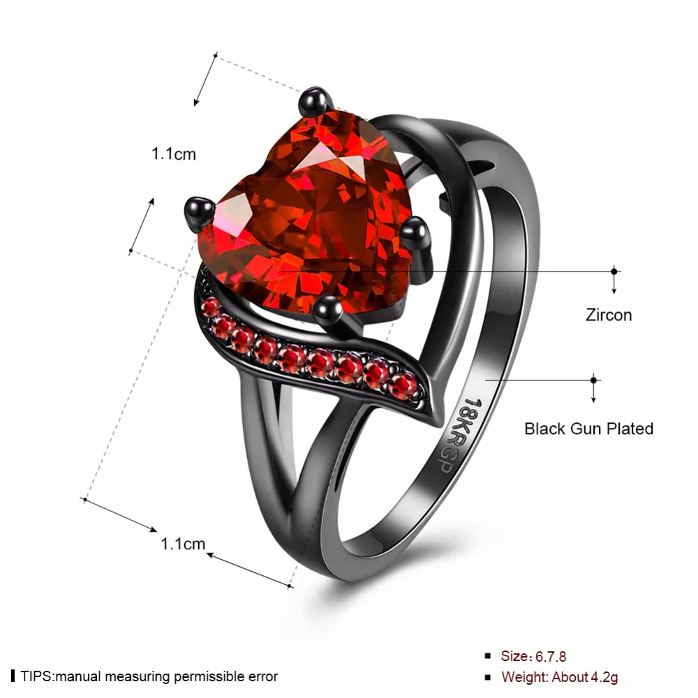 Paryt Accessories Black Gun Color Ring Red Heart Cubic Zirconia Rings For Womens New 2018 Fashion Jewelry (JewelOra RI103307)