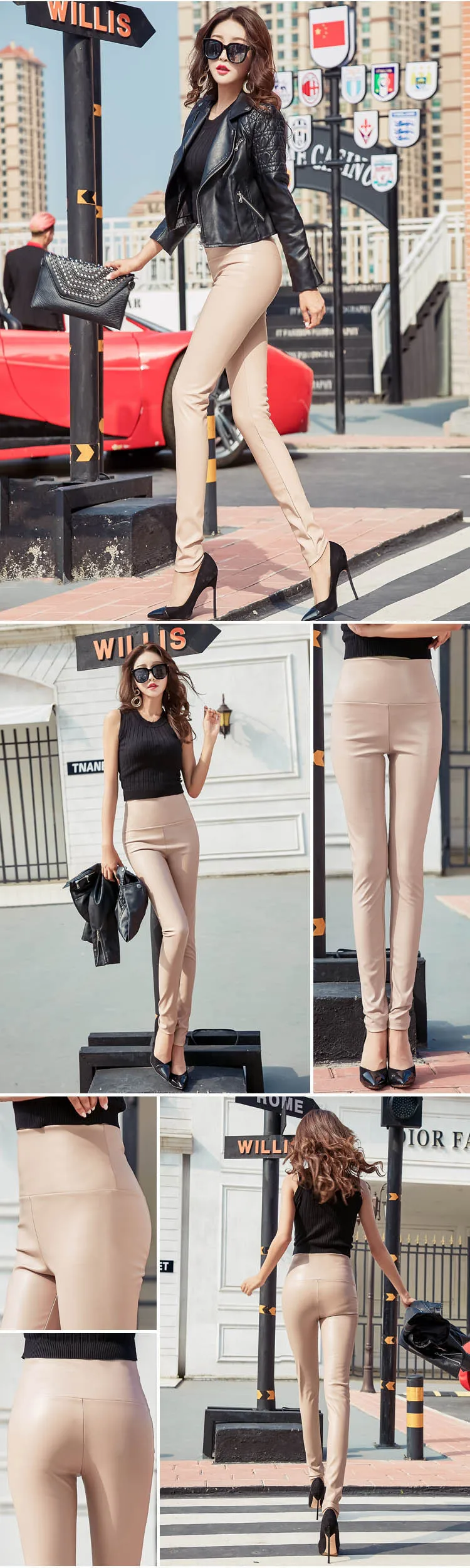 Autumn and winter large size with fleece PU color imitation leather leggings high waist tight leather trousers for women slim (12)