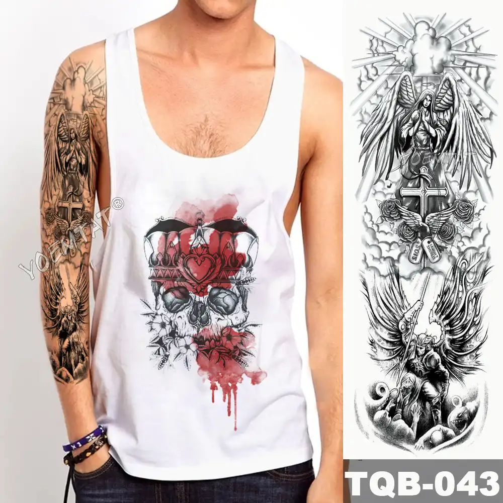 Large Arm Sleeve Tattoo Maori Power Totem Waterproof Temporary Tattoo Sticker Warrior Samurai Angel Skull Men Full Black Tatoo Temporary Tattoos Aliexpress