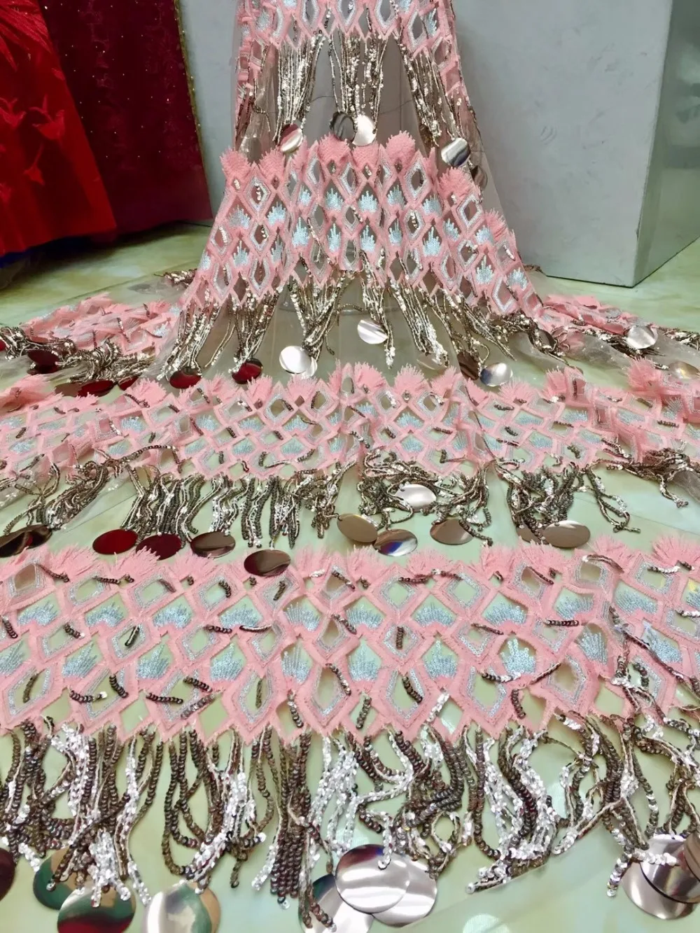 

High quality 3d flowers lace fabric for bridal beaded french lace fabric african pink lace with stones 5 yards per Gold sequins