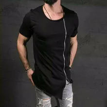 WJG 2016 New Men’s Fashion Show Stylish Long T shirt Asymmetrical Side Zipper Big Neck Short Sleeve T-shirt Male Hip Hop Tee