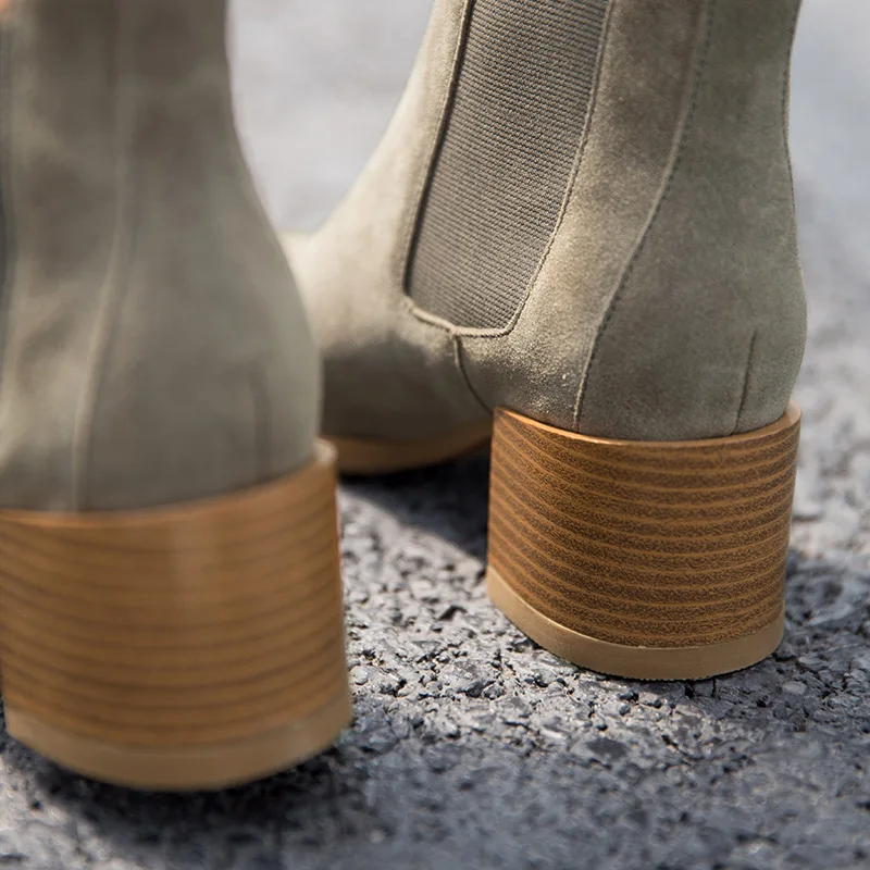 BeauToday/ботинки челси для женщин из коровьей замши с острым носком на не сужающемся книзу массивном каблуке; эластичные женские ботильоны ручной работы; A03324