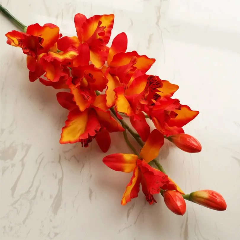 8 шт. искусственные орхидеи Cymbidium большого размера 9 головок Cattleya Hybrida цветы орхидеи для свадьбы центральные декоративные цветы - Цвет: orange