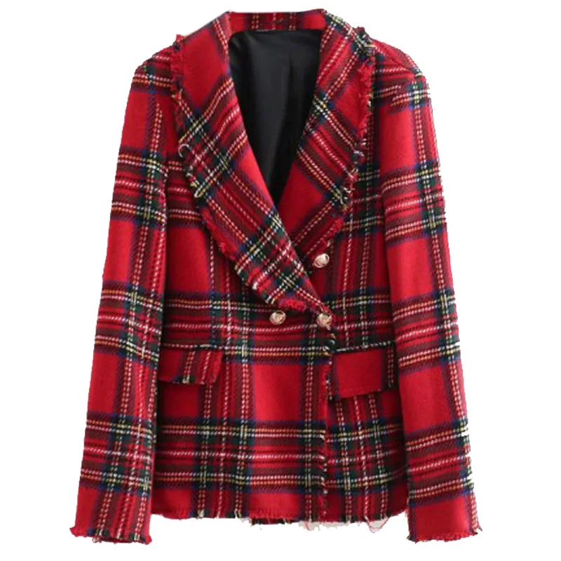 

women plaid notched collar tweed blazer double breasted pockets tassel hem female loose casual outwear chic tops