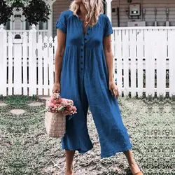 Missufe Передняя Кнопка Корректирующие боди для женщин для лето 2019 г. Boho Playsuit короткий рукав комбинезоны малышек хлопок и лен