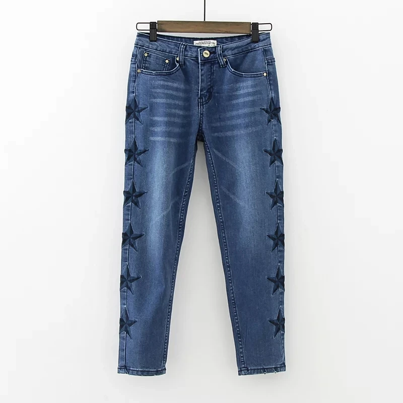 Freeshipping jeans woman jeans 2017 European and American wind couture fashion stars embroidery nine points of