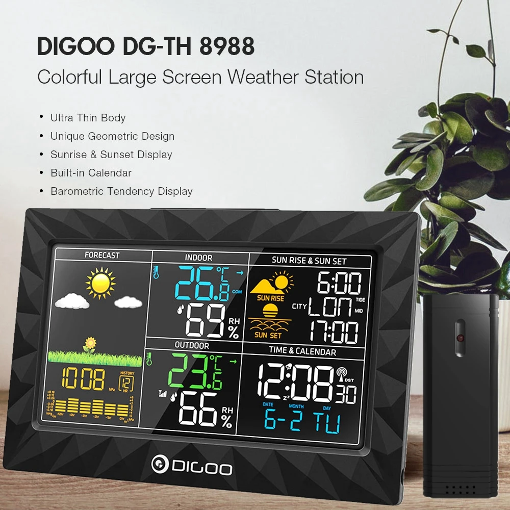

DIGOO DG-TH8988 LCD Color Weather Station + Outdoor Remote Sensor Thermometer Humidity Snooze Clock Sunrise Sunset Calendar
