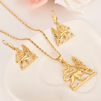 

New Ethiopian Lion of Judah Pendant Earrings Gold Color Africa Eritrea Ethnic Lions party Jewelry Set For Women girls gifts