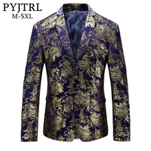 PYJTRL, брендовый мужской пиджак, синий бархат, золотой цветочный принт, Модный повседневный костюм, куртка для ночного клуба, DJ, певцы, приталенная одежда