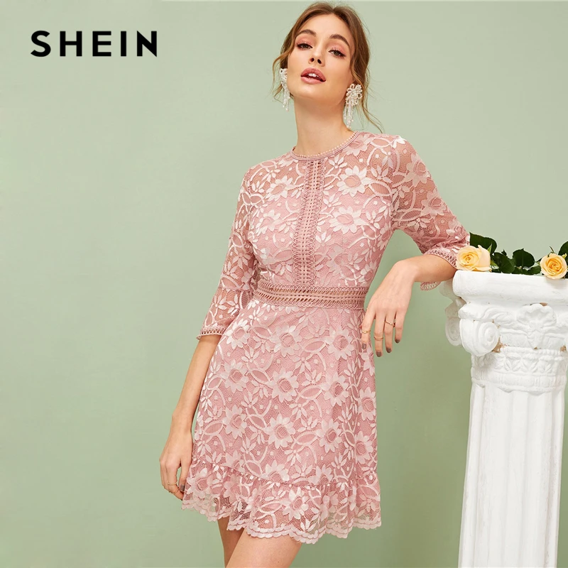 SHEIN, кружевное платье с рукавами-воланами, весенне-летнее платье, романтичное розовое однотонное эластичное ТРАПЕЦИЕВИДНОЕ ПЛАТЬЕ С Высокой Талией