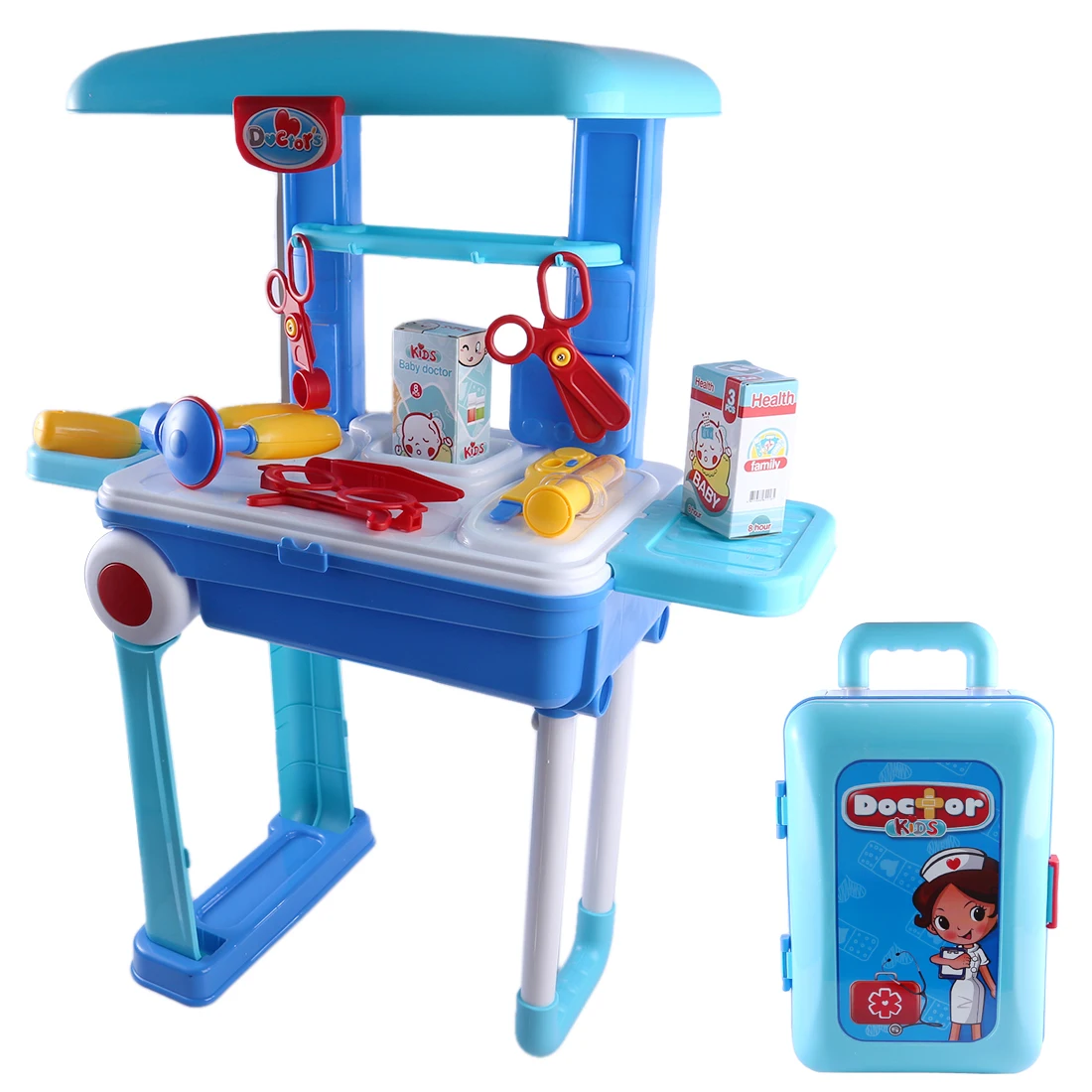 

Children Doctor Tool Sets Pretend Play Workbench Playset Educational Toy with Luggage Organizer - Blue