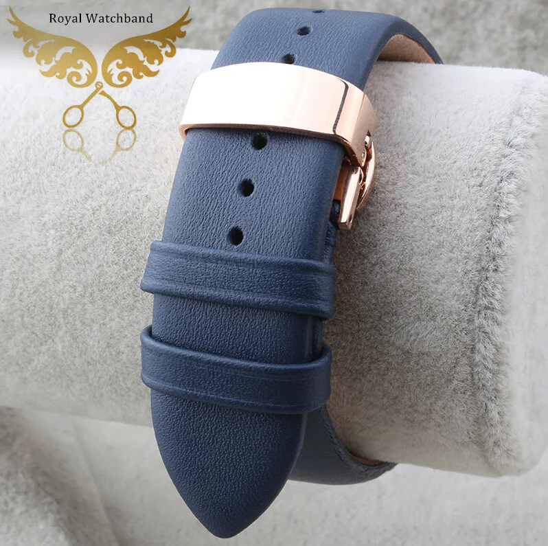 22mm New Mens 100 Genuine leather Watch band Strap Rose Gold Metal Butterfly Depolyment Clasp Buckle