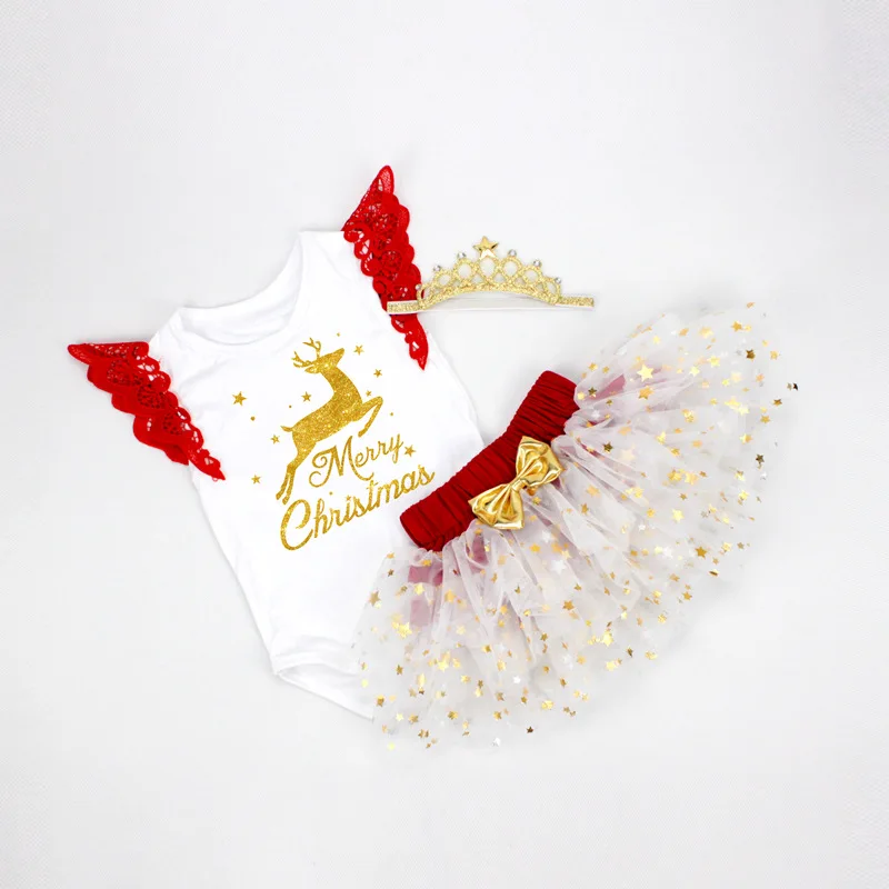 Первое Рождество для новорожденных девочек письмо с летящими рукавами комбинезон+ звезды блестки фатиновые юбки-пачки для маленькой принцессы Рождественская одежда - Цвет: 03