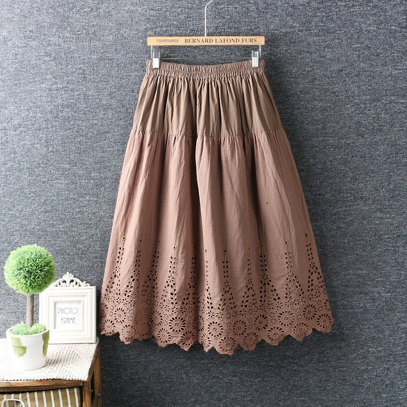 

Spring Women Loose Elastic Waist Hollow Out Embroidery Cotton Skirt Japan Style Mori Girl Retro Gothic Novelty Skirt Lady Skirts