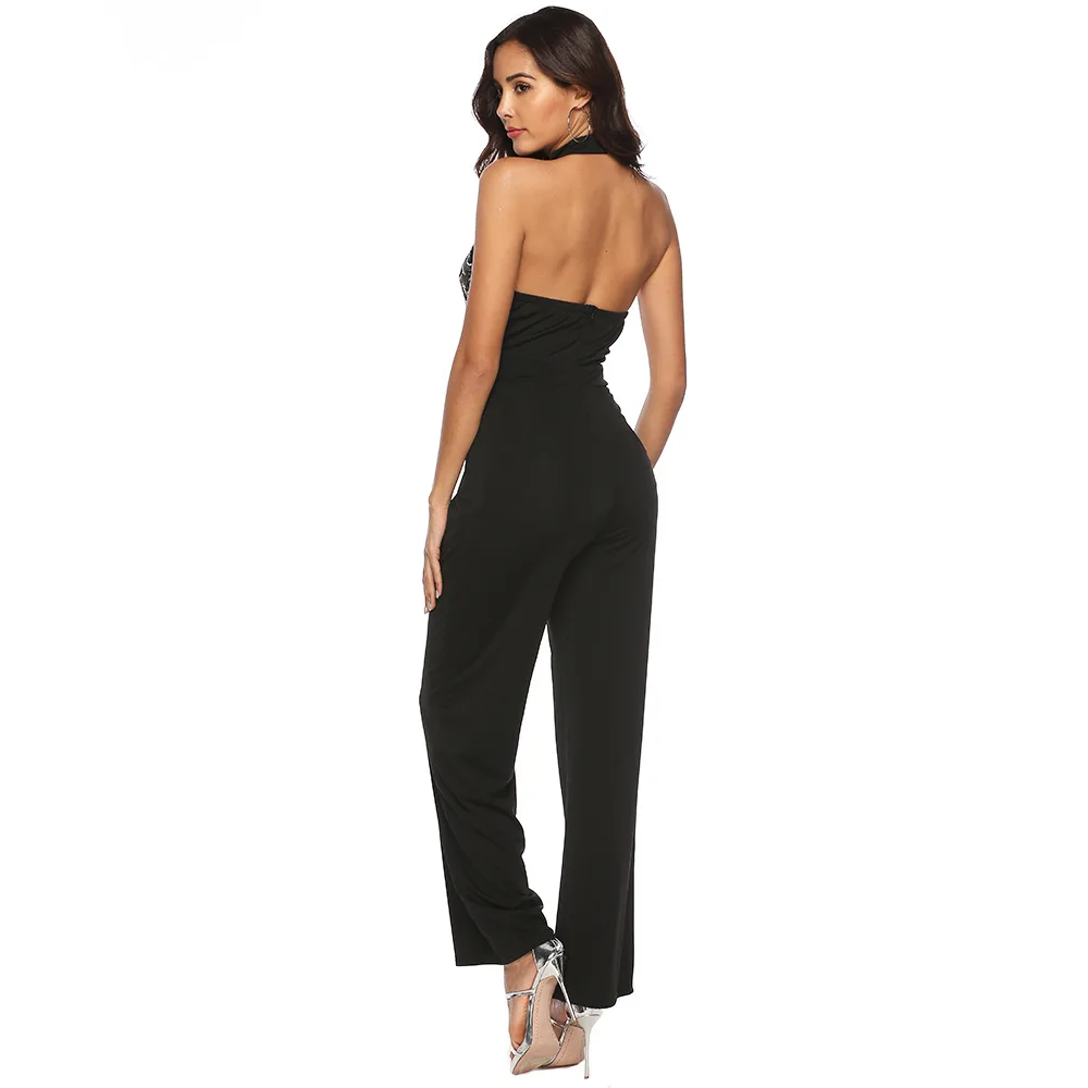 

Elegant Halter Neck Sequin Jumpsuit Women Sexy Sleeveless Backless Black Jumpsuit Summer Office Lady Overalls Party Mono Mujer
